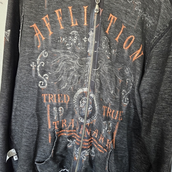 Affliction Men's XL Reversible  Black Gray Orange Edgy Zip-Up Jacket Cross Skull - Picture 8 of 13
